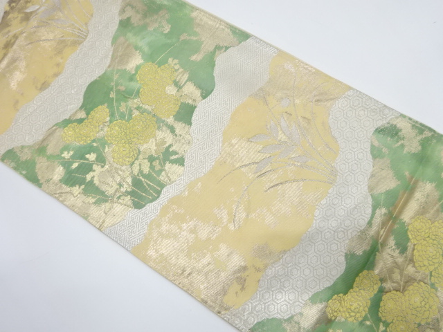 JAPANESE KIMONO / ANTIQUE FUKURO OBI / SILK / WOVEN FLOWER & WAVEY STRIPE